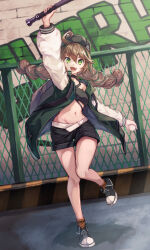 Rule 34 | 1girl, ahoge, arknights, ball, baseball, baseball bat, black headwear, brick wall, brown hair, commentary request, cuora (arknights), fence, green eyes, green hair, green jacket, hair between eyes, hat, holding, holding ball, holding baseball bat, jacket, long hair, long sleeves, midriff, multicolored hair, navel, online neet, open clothes, open jacket, open mouth, partial commentary, shirt, smile, streaked hair