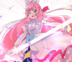 Rule 34 | 1girl, ascot, backlighting, blurry, bow, braid, brooch, center frills, commentary, confetti, cowboy shot, cure prism, dress, earrings, elbow gloves, energy sword, frills, frown, gloves, green eyes, hair bow, hirogaru sky! precure, holding, holding sword, holding weapon, jewelry, layered dress, long hair, magical girl, medium dress, mitumi mira, nijigaoka mashiro, open mouth, pink hair, precure, side braid, sleeveless, sleeveless dress, solo, standing, sword, twin braids, very long hair, weapon, white ascot, white bow, white dress, white gloves, wing brooch