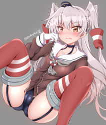 Rule 34 | 1girl, amatsukaze (kancolle), black panties, blush, brown dress, cameltoe, choker, dress, fang, garter straps, gloves, grey hair, hair tubes, hairband, highres, innertube, kantai collection, long hair, neckerchief, open mouth, panties, red thighhighs, solo, spread legs, striped clothes, striped thighhighs, swim ring, tamayan, thighhighs, trefoil, twintails, twitter username, underwear, white gloves, yellow eyes