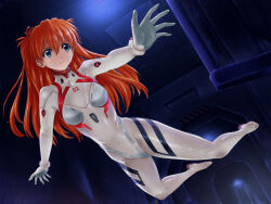 Rule 34 | 1girl, absurdres, artist request, bodysuit, breasts, covered navel, evangelion: 3.0+1.0 thrice upon a time, floating, full body, highres, interface headset, long hair, looking to the side, medium breasts, neon genesis evangelion, pilot suit, plugsuit, rebuild of evangelion, shiny clothes, skin tight, solo, souryuu asuka langley, white bodysuit, wide hips