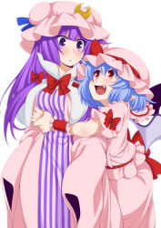 Rule 34 | 2girls, :d, bat wings, blue hair, blue ribbon, blunt bangs, blush, bow, bowtie, cowboy shot, crescent, dress, eichi yuu, fang, hair bow, hat, hat ribbon, hug, hug from behind, long hair, long sleeves, looking at another, mob cap, multiple girls, open mouth, pajamas, patchouli knowledge, pink shirt, pink skirt, pointy ears, puffy short sleeves, puffy sleeves, purple eyes, purple hair, red bow, red bowtie, red eyes, red ribbon, remilia scarlet, ribbon, shirt, short sleeves, skirt, skirt set, sleeves past wrists, smile, striped clothes, striped dress, touhou, triangle mouth, vertical-striped clothes, vertical-striped dress, wide sleeves, wings, wrist cuffs