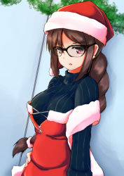 Rule 34 | 1girl, :o, adapted costume, black-framed eyewear, black bodysuit, bodysuit, bodysuit under clothes, breasts, breasts apart, brown hair, commentary request, dress, fate/grand order, fate (series), fur-trimmed dress, fur-trimmed headwear, fur trim, glasses, hat, long hair, looking at viewer, medium breasts, purple eyes, red dress, santa dress, santa hat, solo, striped bodysuit, tetsuhige, yu mei-ren (fate), yu mei-ren (first ascension) (fate)