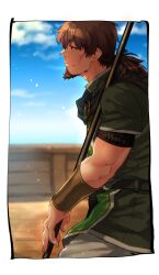Rule 34 | 1boy, bags under eyes, bara, belt, border, brown eyes, brown hair, facial hair, fate (series), fingernails, gauntlets, goatee, green shirt, hector (fate), highres, holding, holding polearm, holding weapon, imoda, male focus, muscular, muscular male, outdoors, pants, polearm, ponytail, shirt, solo, weapon, white border, white pants