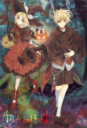 Rule 34 | 1boy, 1girl, bag, blonde hair, blue eyes, brother and sister, elbow gloves, gloves, hair ornament, hairclip, halloween, hat, high heels, honey, jack-o&#039;-lantern, kagamine len, kagamine rin, kajiyama-negi, pantyhose, pumpkin, shoes, short hair, shorts, siblings, smile, socks, top hat, trick and treat (vocaloid), trick or treat, twins, vocaloid, witch hat