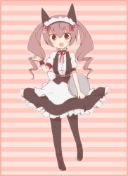 Rule 34 | 1girl, 5pb., akiha rumiho, animal ears, blush, border, cat ears, chuo (irityuo), drill hair, fake animal ears, faris nyannyan, frills, long hair, maid, maid headdress, nitroplus, open mouth, pantyhose, pink background, pink eyes, pink hair, pink theme, puffy short sleeves, puffy sleeves, science adventure, short sleeves, smile, solo, steins;gate, striped, striped background, tray, twin drills, wrist cuffs