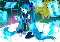 Rule 34 | 1girl, absurdly long hair, absurdres, bare shoulders, between legs, black eyes, black skirt, blue hair, blue necktie, blush, boots, bright pupils, collared shirt, crescent, detached sleeves, eyelashes, floating screen, grey shirt, hand between legs, hatsune miku, headphones, headphones around neck, heart, highres, holographic monitor, infinity symbol, leaf, lightning bolt symbol, long hair, musical note, necktie, number tattoo, open mouth, sakana0627, shirt, shoulder tattoo, sitting, skirt, solo, spade (shape), sparkle, star (sky), tattoo, teeth, thigh boots, treble clef, twintails, upper teeth only, very long hair, vocaloid, wariza, white pupils