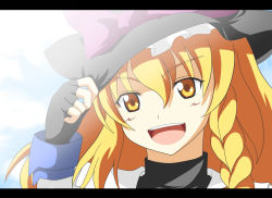 Rule 34 | 1girl, anime coloring, blonde hair, chaigidhiell, close-up, female focus, fingerless gloves, gloves, hand on headwear, hat, kirisame marisa, letterboxed, open mouth, solo, touhou, yellow eyes