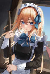 Rule 34 | 1girl, absurdres, apron, blonde hair, blue bow, blue bowtie, blue eyes, blush, bow, bowtie, broom, cleaning, commentary request, curtains, highres, holding, holding broom, kimae, long hair, long sleeves, looking at viewer, maid, maid apron, maid headdress, open mouth, original, standing, window