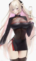 Rule 34 | 1girl, absurdres, black dress, black thighhighs, blonde hair, blush, breasts, brown corset, cleavage, closed mouth, commentary, commission, corset, cup, dress, drinking glass, english commentary, feet out of frame, g3 (girls&#039; frontline), g3 (mod3) (girls&#039; frontline), garter straps, girls&#039; frontline, gloves, hair ornament, hairclip, highres, holding, holding cup, lips, long hair, long sleeves, looking at viewer, medium breasts, mod3 (girls&#039; frontline), partially fingerless gloves, pixiv commission, purple eyes, saturndxy, smile, solo, standing, thighhighs, uniform, white background, wine glass