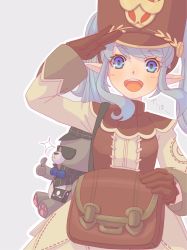 Rule 34 | 1girl, bag, blue eyes, blue hair, blush, breasts, brown bag, brown dress, brown gloves, brown hat, brown vest, commentary request, cowboy shot, dress, gloves, grey background, hat, highres, long hair, long sleeves, looking at viewer, merchant (ragnarok online), open mouth, outline, pointy ears, ragnarok online, ragnarok origin, saba (loki), salute, shako cap, simple background, small breasts, smile, solo, stuffed animal, stuffed toy, teddy bear, teeth, thumbs up, twintails, upper teeth only, vest, white outline