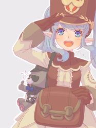 1girl bag blue_eyes blue_hair blush breasts brown_bag brown_dress brown_gloves brown_hat brown_vest commentary_request cowboy_shot dress gloves grey_background hat highres long_hair long_sleeves looking_at_viewer merchant_(ragnarok_online) open_mouth outline pointy_ears ragnarok_online ragnarok_origin saba_(loki) salute shako_cap simple_background small_breasts smile solo stuffed_animal stuffed_toy teddy_bear teeth thumbs_up twintails upper_teeth_only vest white_outline