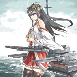 Rule 34 | 1girl, aida yuu, blush, boots, breasts, day, detached sleeves, frilled skirt, frills, grey hair, hair ornament, hairclip, haruna (kancolle), headgear, japanese clothes, kantai collection, long hair, long sleeves, medium breasts, nontraditional miko, ocean, outdoors, red skirt, ribbon-trimmed sleeves, ribbon trim, rigging, skirt, sky, smile, solo, thigh boots, thighhighs, water