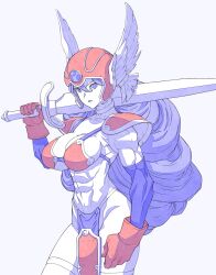 Rule 34 | 1girl, absurdres, armor, big hair, bikini armor, breasts, collar, cropped legs, date naoto, dragon quest, dragon quest iii, elbow gloves, gloves, helmet, highres, large breasts, long hair, muscular, muscular female, over shoulder, purple hair, red armor, shield, simple background, soldier (dq3), solo, standing, sword, sword over shoulder, weapon, weapon over shoulder, winged helmet