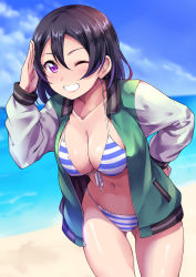 Rule 34 | 1girl, beach, bikini, black hair, blue sky, blush, breasts, cleavage, cloud, collarbone, commentary request, cowboy shot, day, front-tie top, gluteal fold, green jacket, grin, hair between eyes, hand on own hip, hand up, highres, jacket, kanabun, large breasts, leaning forward, looking at viewer, love live!, love live! sunshine!!, love live! sunshine!! the school idol movie over the rainbow, multicolored clothes, multicolored jacket, navel, one eye closed, open clothes, open jacket, outdoors, purple eyes, salute, shiny skin, short hair, sky, smile, solo, standing, striped bikini, striped clothes, swimsuit, thighs, two-sided fabric, two-sided jacket, two-tone jacket, unzipped, watanabe tsuki, white jacket