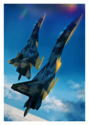 Rule 34 | ace combat, ace combat 04, aircraft, airplane, blue sky, cloud, cloudy sky, day, emblem, fighter jet, highres, horizon, jet, military, military vehicle, outdoors, sky, su-37, timmyyen, vehicle focus, yellow 13, yellow 4, yellow squadron