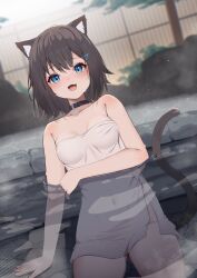 1girl :d absurdres animal_ears bare_shoulders black_hair blue_eyes blurry blurry_background breasts cat_ears cat_girl cat_tail cleavage commentary_request hair_ornament hairclip highres hinata_(user_rjkt4745) looking_at_viewer medium_breasts naked_towel onsen open_mouth original outdoors partially_submerged short_hair smile tail towel water