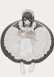 Rule 34 | 1girl, absurdres, apron, bad id, bad pixiv id, black dress, black hair, bow, closed mouth, collared dress, commentary request, dress, frilled apron, frills, full body, grey background, grey eyes, highres, interlocked fingers, long hair, looking at viewer, maid, maid apron, maid headdress, no shoes, original, own hands together, puffy short sleeves, puffy sleeves, shii (kairi-t-k0317), short sleeves, simple background, smile, socks, solo, white apron, white bow, white socks