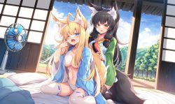 Rule 34 | 2girls, ahoge, animal ear fluff, animal ears, antenna hair, bed sheet, black hair, black thighhighs, blonde hair, blue robe, blush, breasts, day, electric fan, fang, fox ears, fox girl, fox tail, green robe, hair brush, hair censor, holding, holding another&#039;s tail, holding brush, indoors, kneeling, large breasts, long hair, long sleeves, looking at another, multiple girls, navel, no bra, one eye closed, open clothes, open mouth, open robe, original, panties, pillow, red eyes, ribbon-trimmed legwear, ribbon trim, robe, roshin, sitting, striped clothes, striped panties, tail, tail brushing, thighhighs, tree, underwear, very long hair, wariza, white thighhighs, wide sleeves