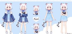 Rule 34 | &gt; &lt;, + +, 1girl, :d, :t, ahoge, animal ears, blue background, blue bow, blue dress, blue eyes, blue jacket, blush, bow, closed eyes, closed mouth, collared dress, commentary request, copyright request, dress, facing viewer, frilled dress, frills, highres, jacket, long hair, long sleeves, looking at viewer, multiple views, myoya (vtuber), notice lines, hugging object, off shoulder, open mouth, pout, setmen, shoes, sleeveless, sleeveless dress, sleeves past fingers, sleeves past wrists, smile, standing, stuffed animal, stuffed cat, stuffed toy, symbol-shaped pupils, tail, tiger ears, tiger girl, tiger tail, v-shaped eyebrows, virtual youtuber, white footwear, white hair