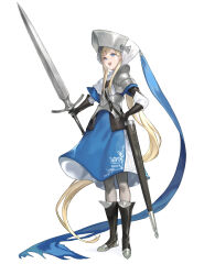 Rule 34 | 1girl, armor, armored boots, blonde hair, blue eyes, boots, breastplate, commentary request, dress, flat chest, full body, gloves, hand on own hip, helmet, highres, holding, holding sword, holding weapon, km yama, long hair, looking at viewer, original, sheath, shoulder armor, solo, standing, sword, unsheathed, very long hair, weapon, white background