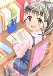 Rule 34 | 1girl, :d, backpack, bag, blue bow, blue dress, blue socks, blush, bow, chair, commentary request, desk, dress, fukuyama mai, grey eyes, grey hair, hair bow, highres, holding, holding pencil, idolmaster, idolmaster cinderella girls, idolmaster cinderella girls starlight stage, indoors, kneehighs, long hair, long sleeves, looking at viewer, looking back, on chair, open mouth, pencil, pencil case, pink bow, pink shirt, ponytail, randoseru, regular mow, shirt, sitting, sleeveless, sleeveless dress, sleeves past wrists, smile, socks, solo, wooden floor