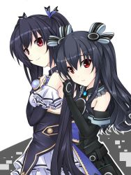 Rule 34 | bare shoulders, black hair, breasts, dress, elbow gloves, gloves, hair ornament, hairclip, joney, long hair, medium breasts, neptune (series), noire (neptunia), red eyes, ribbon, small breasts, twintails, uni (neptune series)