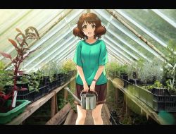Rule 34 | 1girl, :d, blush, brown eyes, brown hair, brown skirt, green shirt, greenhouse, h-appa, hibike! euphonium, highres, holding, holding watering can, indoors, letterboxed, looking at viewer, open mouth, oumae kumiko, photo background, plant, pleated skirt, shirt, short hair, short sleeves, skirt, smile, solo, t-shirt, watering can