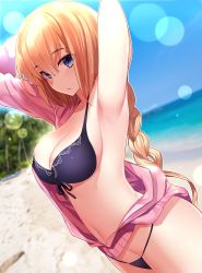 Rule 34 | 1girl, armpits, arms up, artist name, beach, bikini, blonde hair, blue eyes, blurry, braid, breasts, cowboy shot, day, depth of field, dutch angle, fate/apocrypha, fate (series), front-tie bikini top, front-tie top, gendo0032, hair between eyes, jacket, jeanne d&#039;arc (fate), jeanne d&#039;arc (ruler) (fate), jeanne d&#039;arc (swimsuit archer) (fate), jeanne d&#039;arc (white cruising) (fate), large breasts, light particles, long hair, looking at viewer, navel, open clothes, open jacket, outdoors, pink jacket, single braid, solo, string bikini, swimsuit