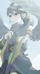 1boy angel armlet belt blue_background bracer commentary_request dark_pit dark_pit_staff_(kid_icarus) expressionless feathered_wings fingerless_gloves gloves gold_armlet grey_hair grey_scarf grey_wings hair_between_eyes highres jewelry kid_icarus kid_icarus_uprising male_focus nintendo purple_belt scarf sidelocks single_bare_shoulder solo spiked_hair wings yuuri_snpr