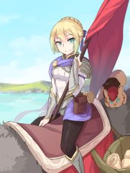 Rule 34 | 1girl, armor, armored dress, artoria pendragon (fate), bedroll, blonde hair, blue eyes, blue sky, boots, braid, cape, day, fate/stay night, fate (series), flag, french braid, highres, horseback riding, knee boots, lai (laikairan), looking at viewer, outdoors, pantyhose, pouch, raised eyebrows, riding, saber (fate), saddlebag, sky, smile, solo, water
