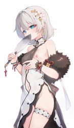 Rule 34 | 1girl, bare shoulders, blue eyes, breasts, clothing aside, commentary request, covering own mouth, cowboy shot, dress, dress aside, flower, grey hair, hair between eyes, hair flower, hair ornament, highres, honkai (series), honkai impact 3rd, long hair, navel, nipples, simple background, small breasts, solo, tama (tamatamo), theresa apocalypse, thigh strap, white background, white dress