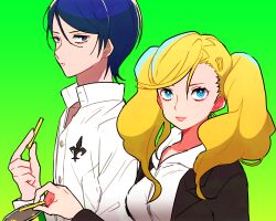 Rule 34 | 1boy, 1girl, black jacket, blonde hair, blue eyes, blue hair, chips (food), food, green background, jacket, jnsn, kitagawa yuusuke, looking at viewer, persona, persona 5, shirt, short twintails, simple background, takamaki anne, twintails, white shirt