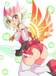 Rule 34 | 1girl, ass, azure striker gunvolt, bare shoulders, blush, breasts, cosplay, cougar (cougar1404), dragon: marked for death, elbow gloves, empress (dmfd), from behind, gloves, green hair, large breasts, leotard, looking at viewer, multicolored hair, open mouth, red eyes, red hair, roro (gunvolt), roro (gunvolt) (cosplay), shiny clothes, shiny skin, short hair, sideboob, solo, sword, thighhighs, weapon, wedgie, white thighhighs, wings