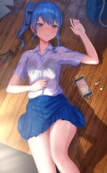 Rule 34 | 1girl, bag, black bra, blue eyes, blue hair, blue skirt, bottle, bra, bra visible through clothes, breasts, cellphone, collared shirt, commentary, earbuds, earphones, feel945, hair ribbon, highres, hololive, hoshimachi suisei, hot, light particles, long bangs, looking at viewer, lying, medium hair, on back, parted lips, phone, ribbon, sakura miko, school bag, see-through, see-through shirt, shirt, short sleeves, side ponytail, skirt, small breasts, smartphone, smile, solo, star (symbol), star in eye, summer, sunlight, sweat, sweaty clothes, symbol in eye, thighs, underwear, virtual youtuber, white shirt, wooden floor