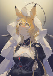 Rule 34 | 1girl, absurdres, animal ears, arknights, black dress, blonde hair, breasts, cleavage, commentary, dorothy (arknights), dorothy (hand of destiny) (arknights), dress, frown, gradient background, grey background, headdress, highres, jewelry, long hair, looking at viewer, medium breasts, miike (992058), mouse ears, mouse girl, necklace, own hands together, pearl necklace, sidelocks, solo, upper body, veil, yellow background, yellow eyes
