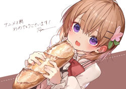 Rule 34 | 1girl, artist request, baguette, blush, bow, bowtie, bread, brown hair, check artist, commentary request, flower, food, gochuumon wa usagi desu ka?, hair ornament, hairclip, holding, holding food, hoto cocoa, leaf, long sleeves, open mouth, pink flower, red bow, red bowtie, ryota (ry o ta), shirt, short hair, signature, solo, translation request, upper body, white background, white shirt