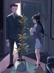 Rule 34 | 1boy, 1girl, ace attorney, arimoto wada dji, bead necklace, beads, black footwear, black hair, blue jacket, blue pants, blue suit, blunt bangs, buttons, charley (ace attorney), clothes hanger, collared shirt, crying, flip-flops, formal, highres, holding, holding watering can, indoors, jacket, japanese clothes, jewelry, kimono, lapel pin, lapels, legs apart, long hair, long sleeves, low-tied long hair, low-tied sidelocks, magatama, magatama necklace, maya fey, necklace, obi, open door, pants, phoenix wright, plant, potted plant, purple jacket, purple kimono, purple sash, sad, sandals, sash, shirt, shoes, short hair, short kimono, sidelocks, standing, suit, topknot, very long hair, watering can, white shirt