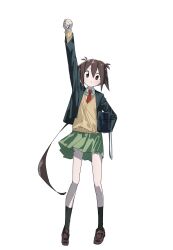 Rule 34 | 1girl, absurdres, antenna hair, arm up, bag, ball, baseball, black jacket, black socks, blazer, brown eyes, brown hair, cardigan, carrying, carrying under arm, closed mouth, collared shirt, commentary request, full body, green skirt, hair flaps, highres, holding, holding bag, holding ball, jacket, kakuriyo rei, kneehighs, kuroshio current, loafers, long hair, long sleeves, looking at viewer, low ponytail, nagi akasa, necktie, open clothes, open jacket, red necktie, school bag, school uniform, shirt, shoes, simple background, skirt, socks, solo, very long hair, white background, white shirt, yellow cardigan