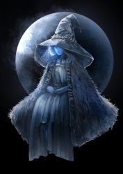 Rule 34 | 1girl, absurdres, blue dress, blue theme, cape, cloak, closed mouth, dress, elden ring, extra faces, full moon, fur cloak, hat, highres, invisible chair, long dress, monochrome, moon, one eye closed, own hands together, ranni the witch, rmeiz147, sitting, solo, witch hat