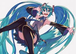 Rule 34 | 1girl, :d, ahoge, black skirt, black sleeves, blue eyes, blue hair, blue necktie, boots, collared shirt, detached sleeves, grey shirt, hatsune miku, highres, long hair, long sleeves, microphone, miniskirt, necktie, open mouth, pleated skirt, rumie, shirt, simple background, skirt, sleeveless, sleeveless shirt, smile, solo, thigh boots, thighhighs, twintails, very long hair, vocaloid, white background, wide sleeves