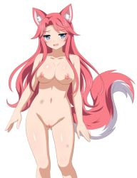 Rule 34 | 1girl, animal ears, bikini, blue eyes, blush, breasts, bruise, completely nude, female focus, fox ears, fox girl, fox tail, game cg, injury, jewelry, large breasts, legs, long hair, navel, necklace, nipples, nude, pussy, red hair, sakura dungeon, shiny skin, simple background, solo, swimsuit, tail, uncensored, white background, yomi (sakura dungeon)