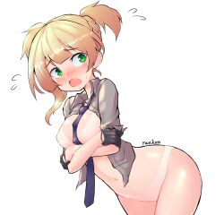 Rule 34 | 1girl, arms under breasts, ass, between breasts, black gloves, black necktie, blonde hair, blush, bra, breasts, collared shirt, commentary, cowboy shot, crossed arms, embarrassed, girls&#039; frontline, gloves, green eyes, highres, looking at viewer, medium breasts, navel, necktie, necktie between breasts, no pants, open clothes, open mouth, open shirt, panties, ranken, shirt, short hair, solo, sweat, twintails, underwear, welrod mkii (girls&#039; frontline), white background, white bra, white panties