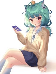 Rule 34 | 1girl, :o, ahoge, alternate costume, animal ears, bad id, bad pixiv id, blue skirt, blush, cellphone, collared shirt, commentary request, crossed legs, feet out of frame, green hair, hair ornament, hand up, harusame (user wawj5773), highres, holding, holding phone, hololive, kneehighs, long sleeves, looking at viewer, low twintails, open mouth, phone, pleated skirt, red eyes, shirt, sitting, skirt, skull ornament, sleeves past wrists, socks, solo, twintails, uruha rushia, virtual youtuber, white background, white socks