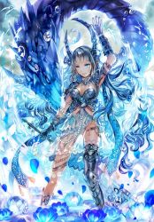 Rule 34 | 1girl, armor, blue eyes, blue hair, boobplate, boots, bracer, breasts, closed mouth, dragon, floating hair, hand up, holding, holding sword, holding weapon, horns, legs apart, long hair, looking at viewer, medium breasts, original, rioka (southern blue sky), single boot, smile, solo, sword, weapon