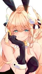 Rule 34 | 1girl, animal ears, black leotard, blonde hair, breasts, cleavage, closed mouth, coin, fake animal ears, goddess of victory: nikke, green eyes, gyaru, hair intakes, hand on own chin, headgear, holding, holding coin, large breasts, leotard, long hair, noharu, playboy bunny, ponytail, rabbit ears, rupee (nikke), rupee (rabbit deluxe) (nikke), smile, solo, strapless, strapless leotard