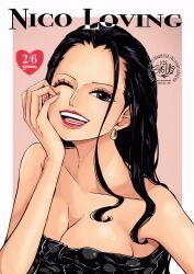 Rule 34 | 1girl, birthday, black dress, black hair, breasts, brown eyes, cleavage, commentary, dress, earrings, english commentary, eyeliner, hair slicked back, hand on own cheek, hand on own face, highres, jewelry, long hair, makeup, medium breasts, nico robin, one eye closed, one piece, open mouth, red eyeliner, red lips, red nails, sherumaru (korcht06), sidelocks, signature, smile, solo, strapless, strapless dress, upper body