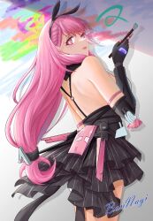 Rule 34 | 1girl, ayla (punishing: gray raven), backless dress, backless outfit, ban nagi, bear, black bear, black dress, breasts, dress, from behind, holding, holding brush, joints, large breasts, long hair, looking at viewer, looking back, mechanical arms, open mouth, paintbrush, pink eyes, pink hair, punishing: gray raven, rabbit bow, robot joints, sideboob, signature, stuffed toy, teeth, upper teeth only