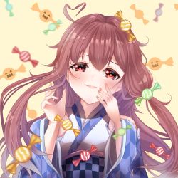 Rule 34 | 1girl, absurdres, ahoge, blush, candy, eating, food, heart, heart ahoge, highres, japanese clothes, kimono, long hair, looking at viewer, mottii31, original, red eyes, simple background, solo, two side up, wide sleeves, wrapped candy, yellow background