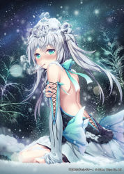 Rule 34 | 1girl, akkijin, bare back, bare shoulders, blush, boreas (shinkai no valkyrie), breath, detached sleeves, dress, green eyes, ice, long hair, mouth hold, night, night sky, outdoors, shinkai no valkyrie, silver hair, sitting, sky, sleeves past wrists, snow, snowing, solo, star (sky), starry sky, thermometer, twintails