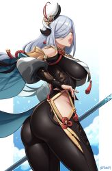 Rule 34 | 1girl, absurdres, ass, black bodysuit, blue eyes, bodysuit, breasts, genshin impact, hair ornament, hair over one eye, highres, hip vent, large breasts, lips, long hair, mootium, parted lips, shenhe (genshin impact), solo, white hair